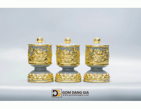 Bộ đài nước đắp nổi hoa sen mạ Vàng men rạn cổ Bát Tràng Bộ đài nước đắp nổi hoa sen mạ Vàng men rạn cổ Bát Tràng